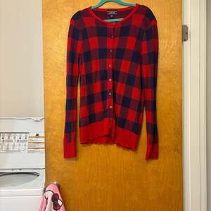 Womens Red & Black Plaid Cardigan Sweater